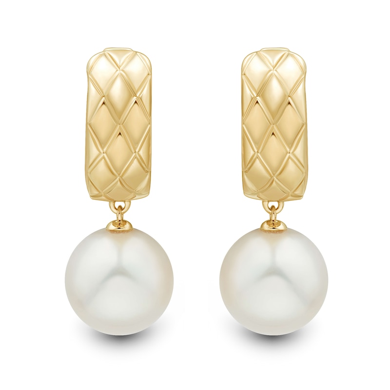 Main Image 2 of 9.0-10.0mm Freshwater Cultured Pearl and Quilted Etched Huggie Hoop Drop Earrings in 10K Gold