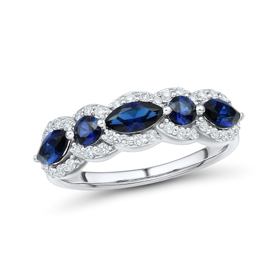 Blue Lab-Created Sapphire and 0.29 CT. T.W. Certified Lab-Created Diamond Frame Five Stone Ring in 10K White Gold