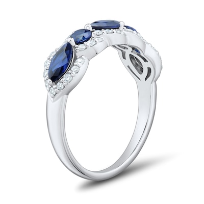 Blue Lab-Created Sapphire and 0.29 CT. T.W. Certified Lab-Created Diamond Frame Five Stone Ring in 10K White Gold