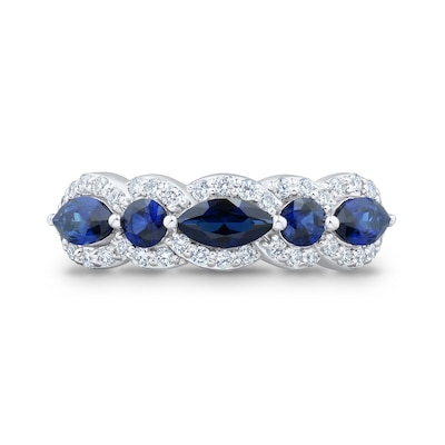 Blue Lab-Created Sapphire and 0.29 CT. T.W. Certified Lab-Created Diamond Frame Five Stone Ring in 10K White Gold