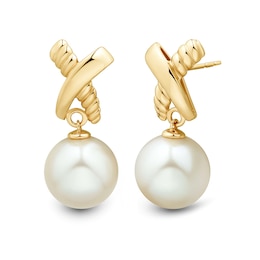 11.0-12.0mm Freshwater Cultured Pearl &quot;X&quot; Drop Earrings in 10K Gold