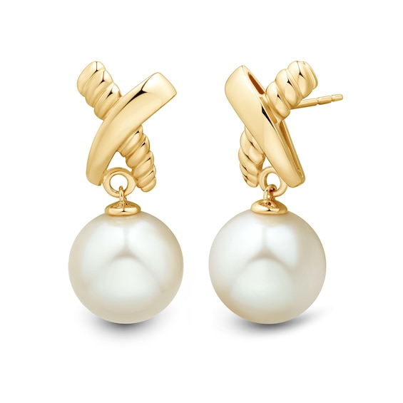 11.0-12.0mm Freshwater Cultured Pearl "X" Drop Earrings in 10K Gold