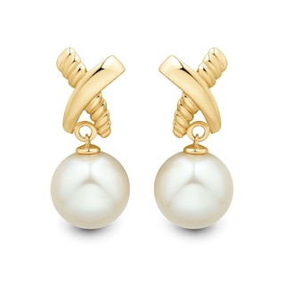 11.0-12.0mm Freshwater Cultured Pearl "X" Drop Earrings in 10K Gold