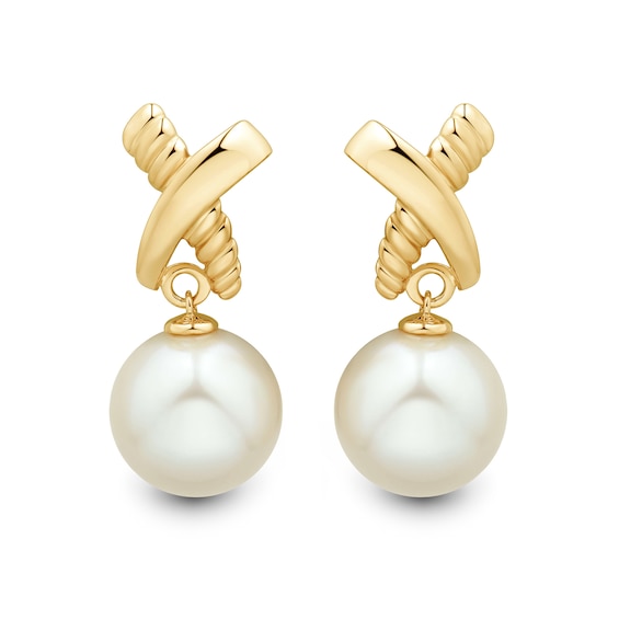 11.0-12.0mm Freshwater Cultured Pearl "X" Drop Earrings in 10K Gold