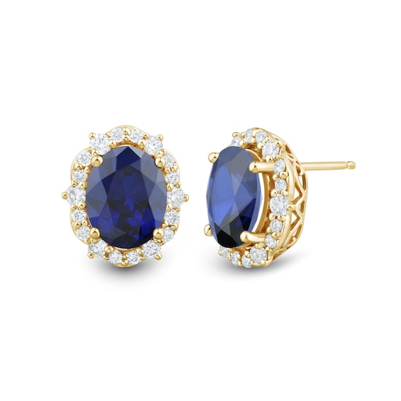 Oval Blue Lab-Created Sapphire and 0.45 CT. T.W. Certified Lab-Created Diamond Scallop Frame Stud Earrings in 10K Gold