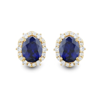 Oval Blue Lab-Created Sapphire and 0.45 CT. T.W. Certified Lab-Created Diamond Scallop Frame Stud Earrings in 10K Gold