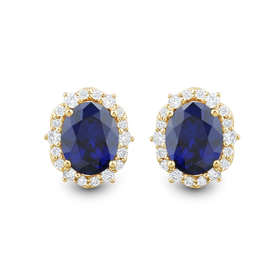 Oval Blue Lab-Created Sapphire and 0.45 CT. T.W. Certified Lab-Created Diamond Scallop Frame Stud Earrings in 10K Gold