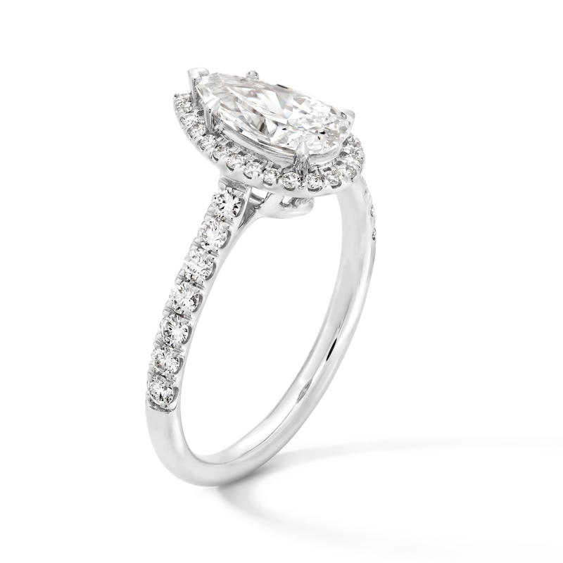 1.45 CT. T.W. Pear-Shaped Certified Lab-Created Diamond Frame Engagement Ring in 14K White Gold (F/VS2)