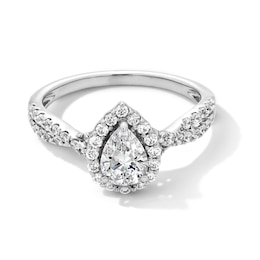 1.00 CT. T.W. Pear-Shaped Certified Lab-Created Diamond Frame Crossover Shank Engagement Ring in 14K White Gold (F/VS2)