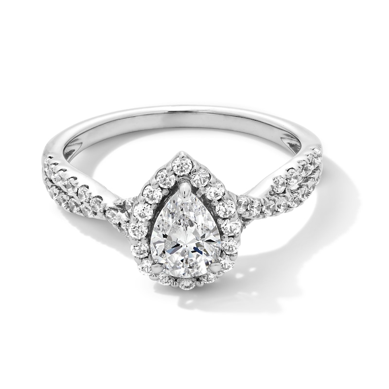 1.00 CT. T.W. Pear-Shaped Certified Lab-Created Diamond Frame Crossover Shank Engagement Ring in 14K Gold (F/VS2