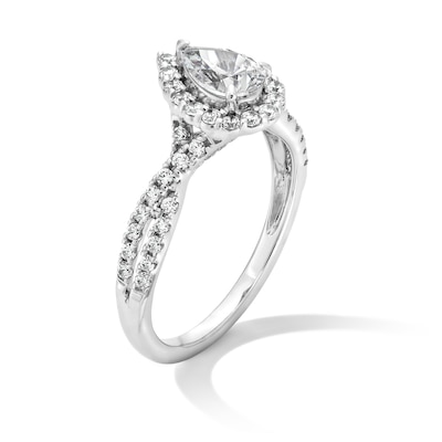 1.00 CT. T.W. Pear-Shaped Certified Lab-Created Diamond Frame Crossover Shank Engagement Ring in 14K Gold (F/VS2