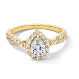 1.00 CT. T.W. Pear-Shaped Certified Lab-Created Diamond Frame Crossover Shank Engagement Ring in 14K Gold (F/VS2)