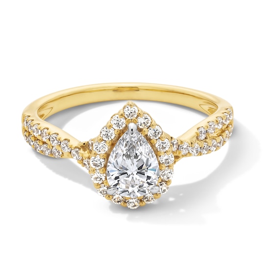 1.00 CT. T.W. Pear-Shaped Certified Lab-Created Diamond Frame Crossover Shank Engagement Ring in 14K Gold (F/VS2)