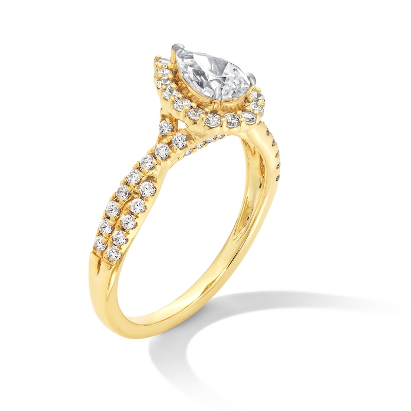 Main Image 3 of 1.00 CT. T.W. Pear-Shaped Certified Lab-Created Diamond Frame Crossover Shank Engagement Ring in 14K Gold (F/VS2)