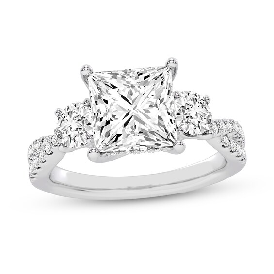 4.00 CT. T.W. Princess-Cut and Round Certified Lab-Created Diamond Three Stone Engagement Ring in 14K White Gold (F/VS2)