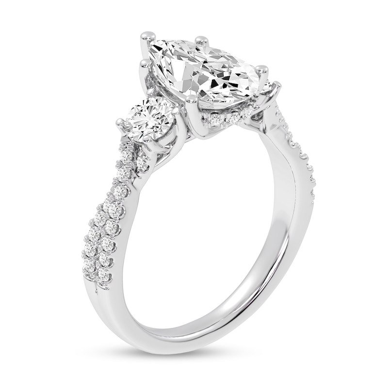 2.75 CT. T.W. Pear-Shaped and Round Certified Lab-Created Diamond Three Stone Engagement Ring in 14K White Gold (F/VS2)