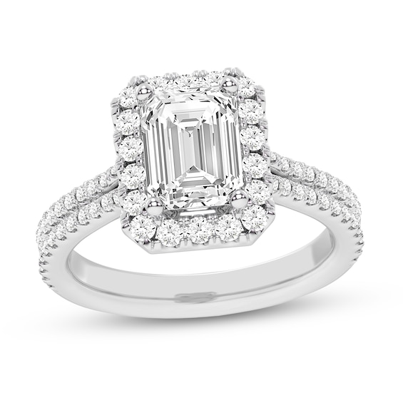 2.60 CT. T.W. Emerald-Cut Certified Lab-Created Diamond Frame Double Row Shank Engagement Ring in 14K White Gold