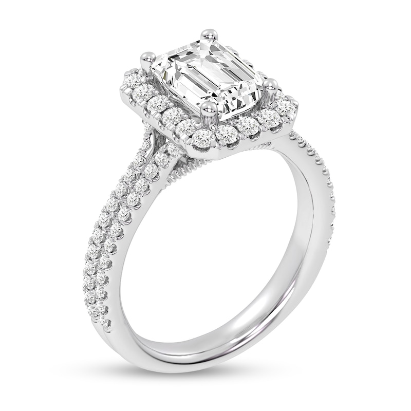 2.60 CT. T.W. Emerald-Cut Certified Lab-Created Diamond Frame Double Row Shank Engagement Ring in 14K White Gold