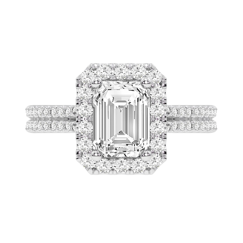 2.60 CT. T.W. Emerald-Cut Certified Lab-Created Diamond Frame Double Row Shank Engagement Ring in 14K White Gold