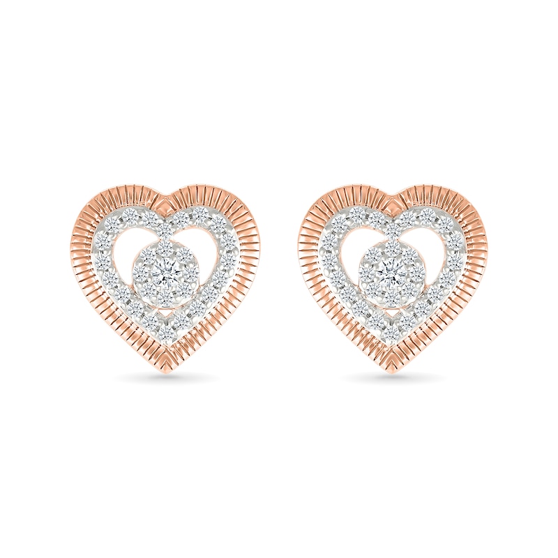 Main Image 3 of 0.23 CT. T.W. Multi-Diamond Double Frame Heart Stud Earrings in 10K Rose Gold