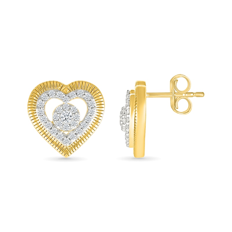 Main Image 2 of 0.23 CT. T.W. Multi-Diamond Double Frame Heart Stud Earrings in 10K Gold