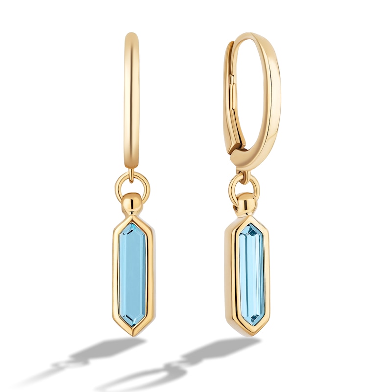 Main Image 2 of Limor Mindful Jewellery Guidestones Elongated Hexagon Swiss Blue Topaz Solitaire Hoop Drop Earrings in 10K Gold