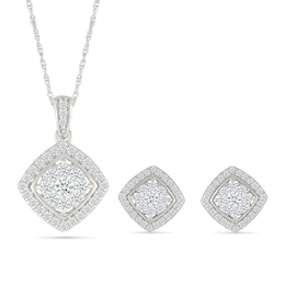 0.96 CT. T.W. Multi-Diamond Cushion-Shaped Frame Pendant and Stud Earrings Set in 10K White Gold