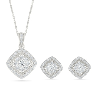 0.96 CT. T.W. Multi-Diamond Cushion-Shaped Frame Pendant and Stud Earrings Set in 10K White Gold