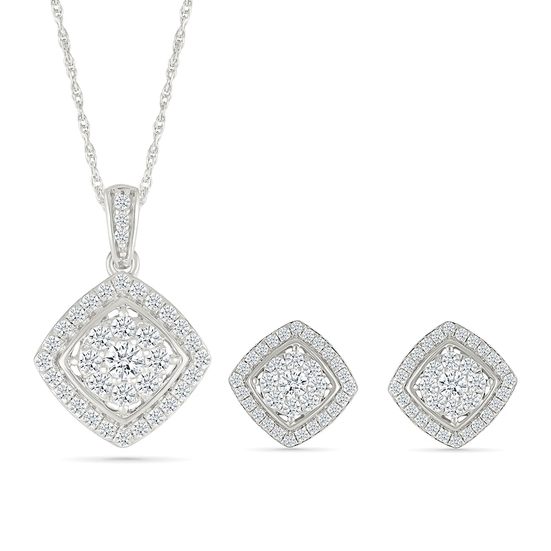 Main Image 1 of 0.96 CT. T.W. Multi-Diamond Cushion-Shaped Frame Pendant and Stud Earrings Set in 10K White Gold