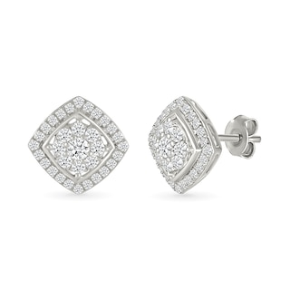 0.96 CT. T.W. Multi-Diamond Cushion-Shaped Frame Pendant and Stud Earrings Set in 10K White Gold