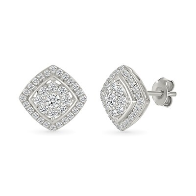 0.96 CT. T.W. Multi-Diamond Cushion-Shaped Frame Pendant and Stud Earrings Set in 10K White Gold