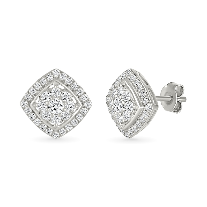 Main Image 4 of 0.96 CT. T.W. Multi-Diamond Cushion-Shaped Frame Pendant and Stud Earrings Set in 10K White Gold