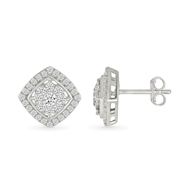 Main Image 5 of 0.96 CT. T.W. Multi-Diamond Cushion-Shaped Frame Pendant and Stud Earrings Set in 10K White Gold