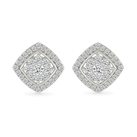 0.96 CT. T.W. Multi-Diamond Cushion-Shaped Frame Pendant and Stud Earrings Set in 10K White Gold