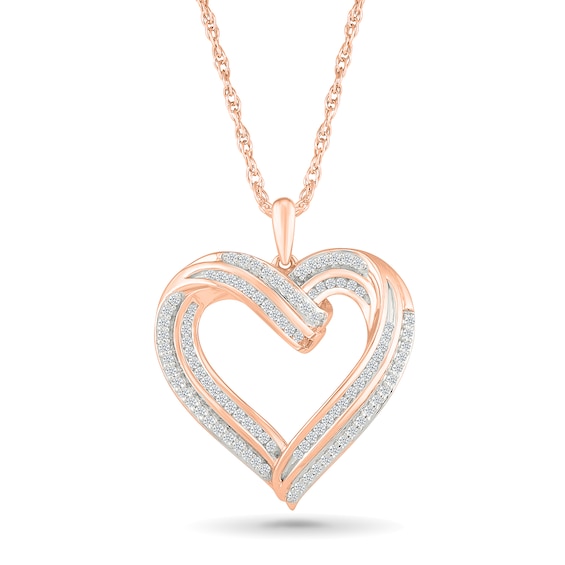 0.45 CT. T.W. Diamond Twist Ribbon Double Heart Pendant in 10K Rose Gold