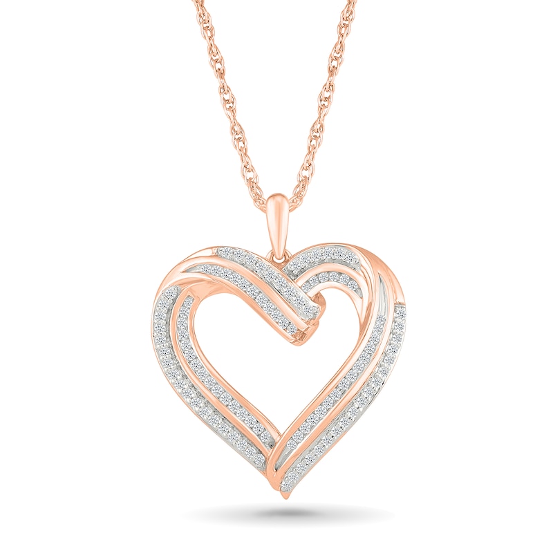 Main Image 1 of 0.45 CT. T.W. Diamond Twist Ribbon Double Heart Pendant in 10K Rose Gold