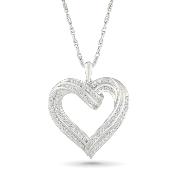 0.45 CT. T.W. Diamond Twist Ribbon Double Heart Pendant in 10K White Gold