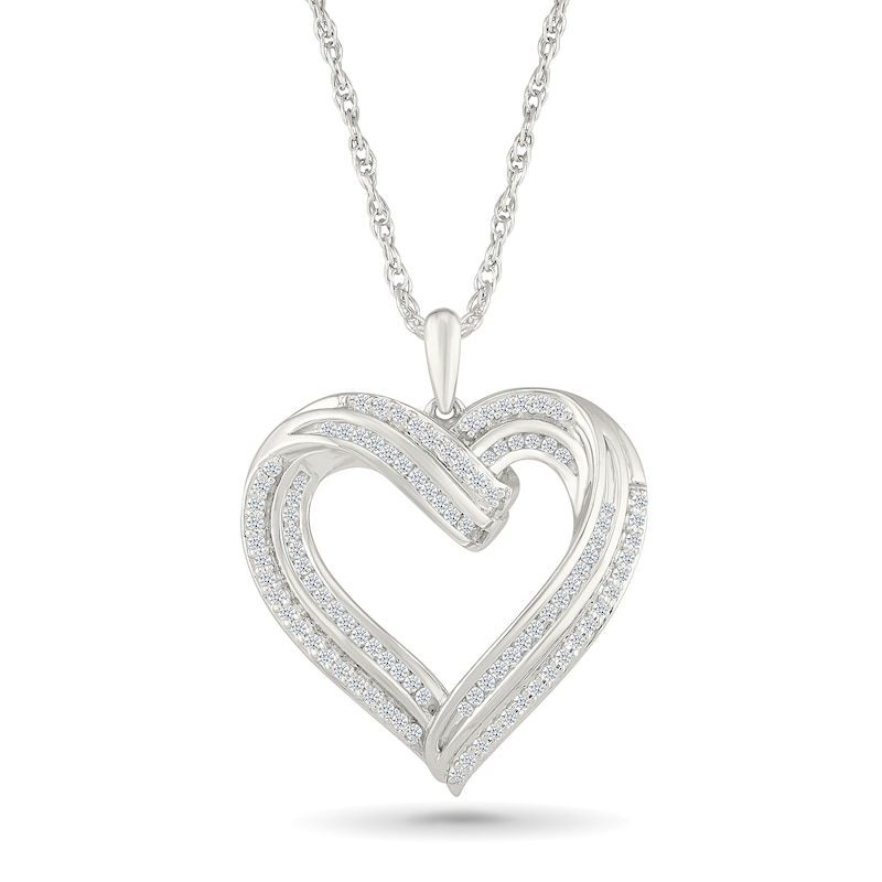 Main Image 1 of 0.45 CT. T.W. Diamond Twist Ribbon Double Heart Pendant in 10K White Gold