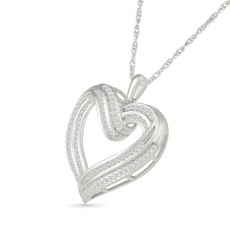 Main Image 2 of 0.45 CT. T.W. Diamond Twist Ribbon Double Heart Pendant in 10K White Gold