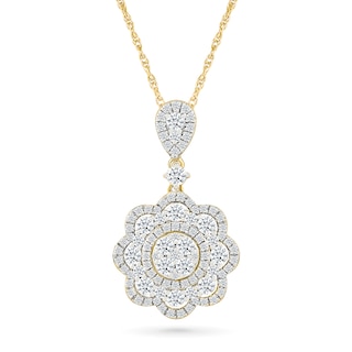 0.95 CT. T.W. Multi-Diamond Double Flower Frame Drop Pendant in 10K Gold