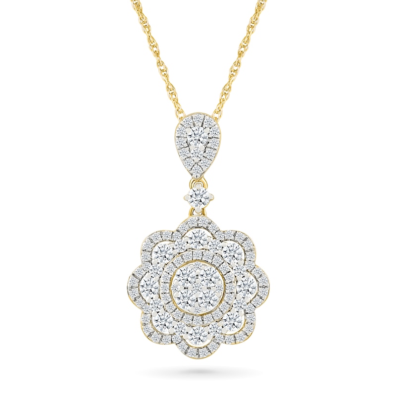 Main Image 1 of 0.95 CT. T.W. Multi-Diamond Double Flower Frame Drop Pendant in 10K Gold