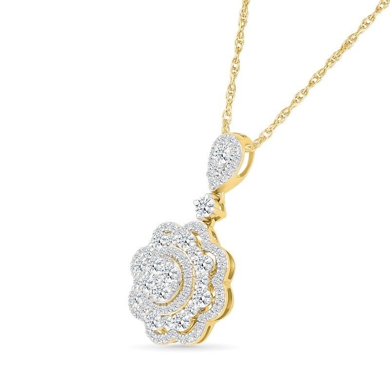 Main Image 2 of 0.95 CT. T.W. Multi-Diamond Double Flower Frame Drop Pendant in 10K Gold