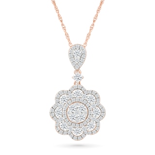 0.95 CT. T.W. Multi-Diamond Double Flower Frame Drop Pendant in 10K Rose Gold