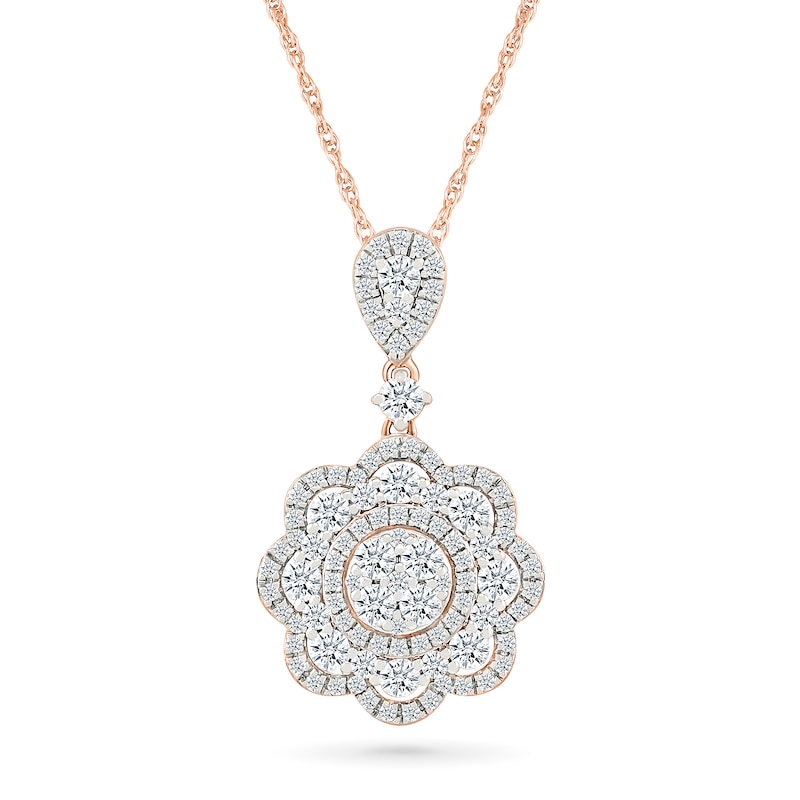 Main Image 1 of 0.95 CT. T.W. Multi-Diamond Double Flower Frame Drop Pendant in 10K Rose Gold