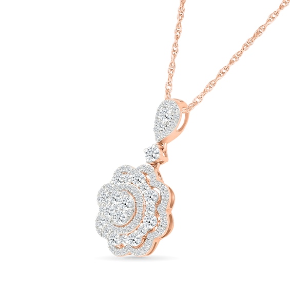 0.95 CT. T.W. Multi-Diamond Double Flower Frame Drop Pendant in 10K Rose Gold