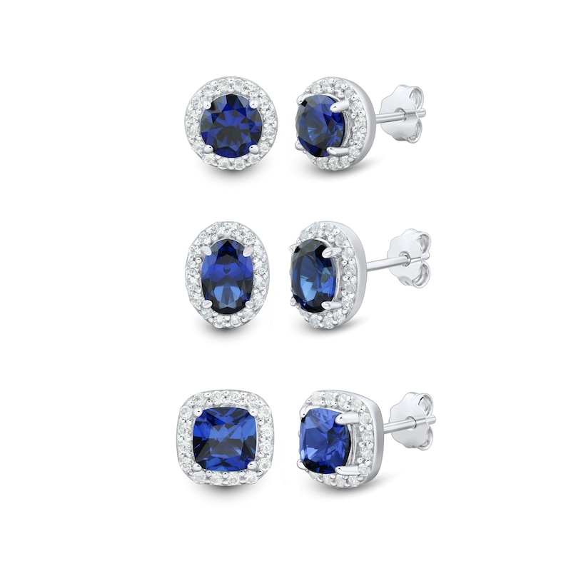 Blue and White Lab-Created Sapphire Frame Three Pair Stud Earrings Set in Sterling Silver