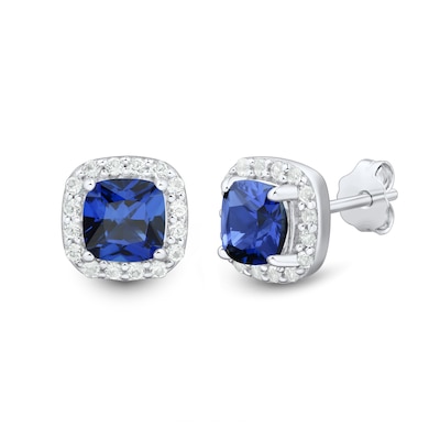 Blue and White Lab-Created Sapphire Frame Three Pair Stud Earrings Set in Sterling Silver