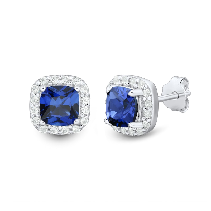 Main Image 4 of Blue and White Lab-Created Sapphire Frame Three Pair Stud Earrings Set in Sterling Silver