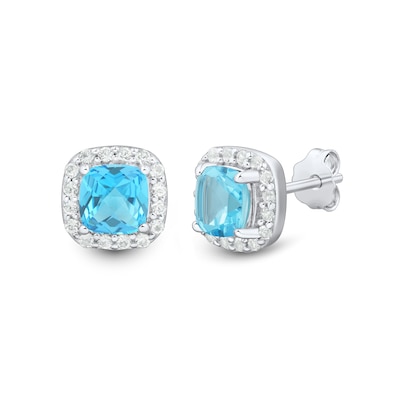 Swiss Blue Topaz and White Lab-Created Sapphire Frame Three Pair Stud Earrings Set in Sterling Silver