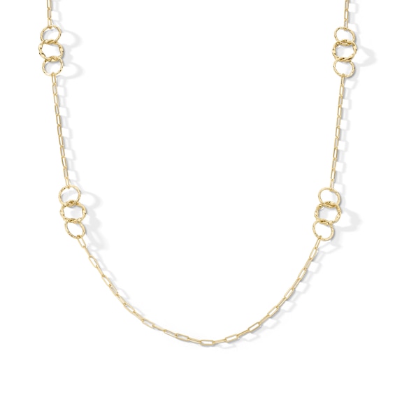 1.5mm Paper Clip Chain with Trio Circle Station Necklace in Hollow 14K Gold - 16"